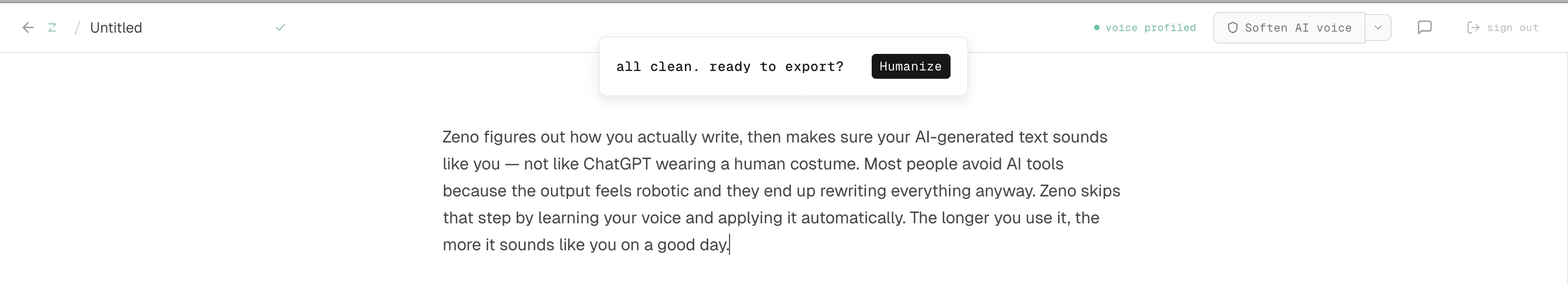 Zeno editor showing 'all clean, ready to export' state