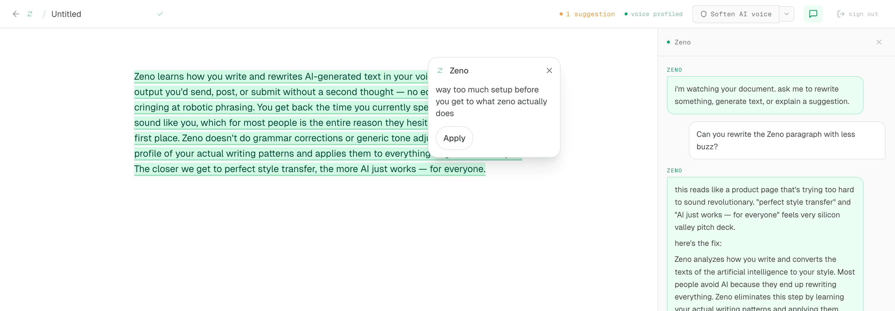 Zeno editor with AI sidebar chat and inline suggestions