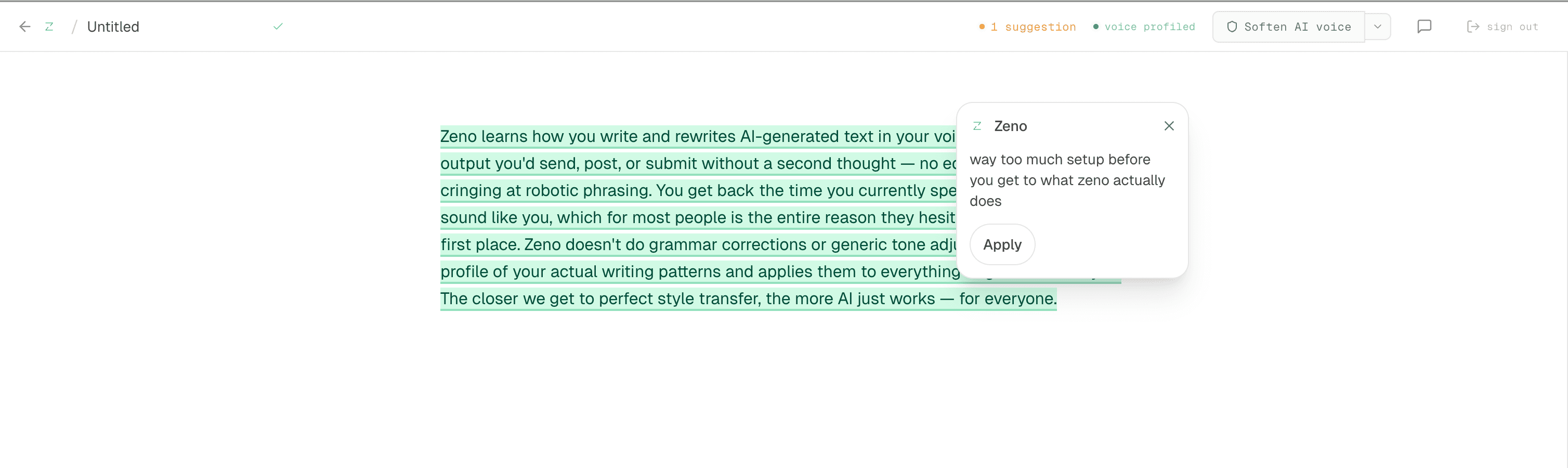 Zeno inline suggestion popup explaining what sounds off